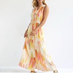 Anthropologie Sleeveless Maxi Dress in Cream, Yellow & Pink Watercolor Print